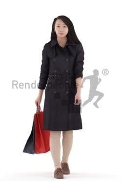 Photorealistic 3D People model by Renderpeople – asian woman with trenchcoat, walking with paperbags