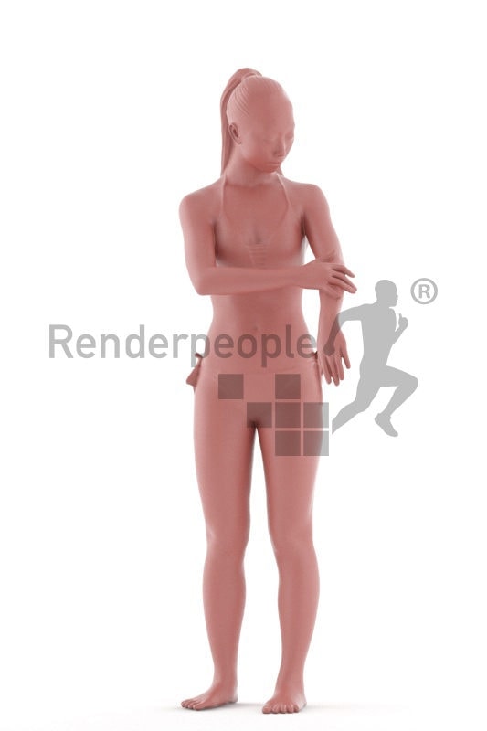 Realistic 3D People model by Renderpeople – asian woman in swimmwear, putting on sunscreen