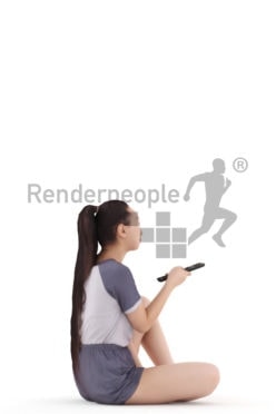 Posed 3D People model for visualization – asian woman in sleepwear, sitting and using the remote controller