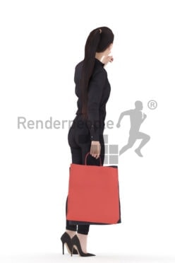 Scanned 3D People model for visualization – asian female in business look, walking trough the mall with paperbags and pointing on something