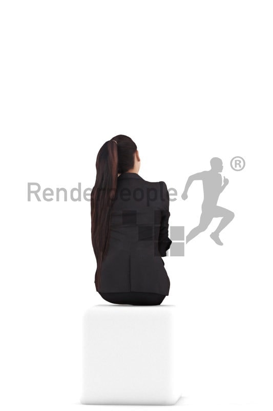 Posed 3D People model by Renderpeople – asian woman in business clothes, sitting and listening