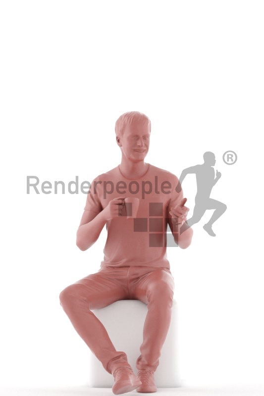 3D People model for 3ds Max and Sketch Up – european man in t-shirt, sitting and drinking coffee