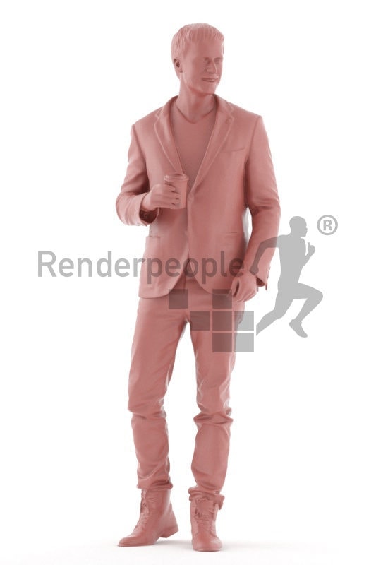 3D People model for 3ds Max and Cinema 4D – euroepan man in smart casual look, walking and drinking coffee