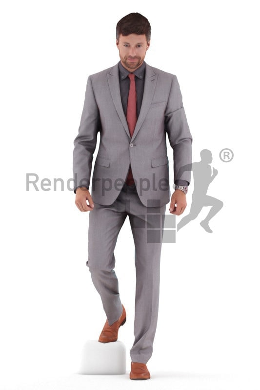 Photorealistic 3D People model by Renderpeople – european man in business suit, walking downstairs