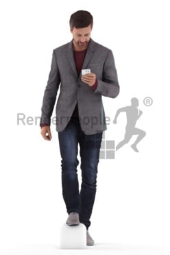 Scanned human 3D model by Renderpeople – eropean man in business suit, walking upstairs and looking on his phone screen