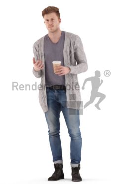 3d people casual, jung man walking, debating and drinking coffee