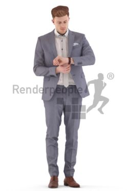 3d people business, young man standing looking on his watch