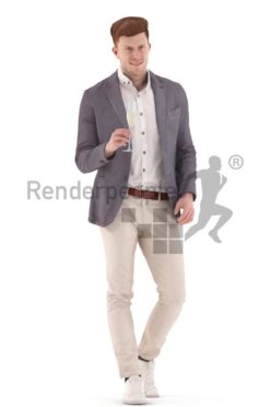 3d people business, young man walking with a glas