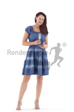 3D People model for 3ds Max and Blender - european woman in event look, standing with a champagne glass