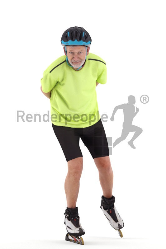 Scanned human 3D model by Renderpeople – elderly white man in sports outfit, wearing a helmet, on inline skates