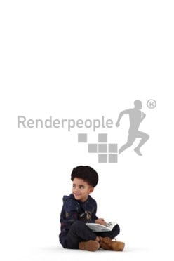 3d people casual, 3d black kid, sitting and reading