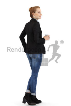 3d people business, white 3d woman standing and holding a cup