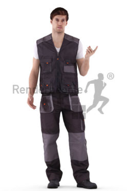3d people worker, white 3d man standing, talking to someone while pointing somewhere