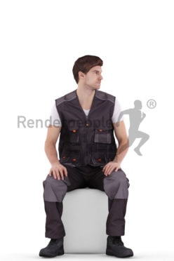 3d people worker, white 3d man sitting and looking