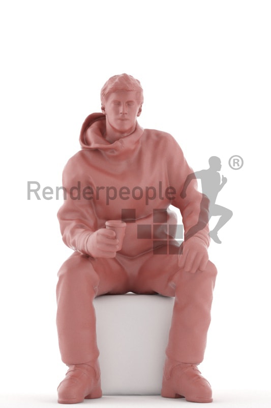 3d people skiing, white 3d man sitting drinking a coffee