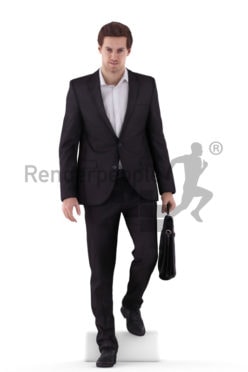 3d people business, white 3d man walking downstairs with a briefcase