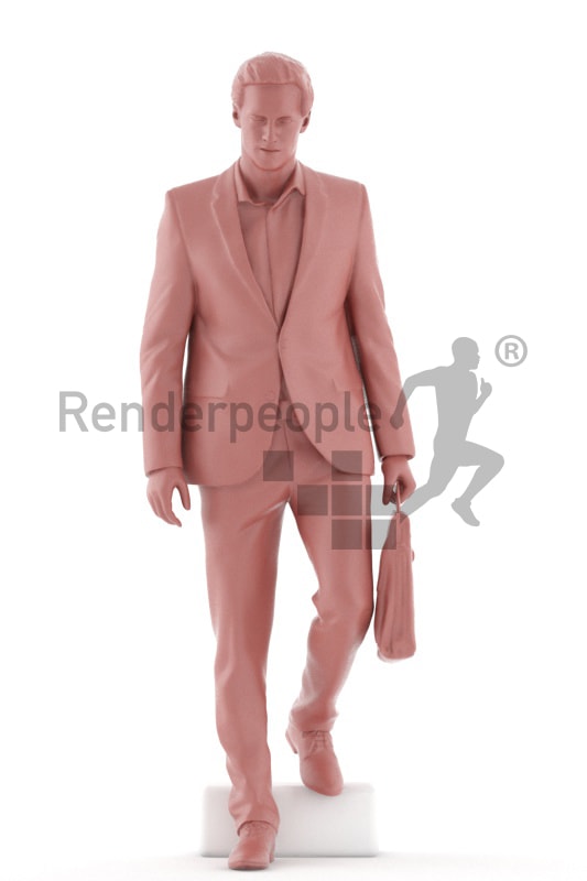 3d people business, white 3d man walking downstairs with a briefcase