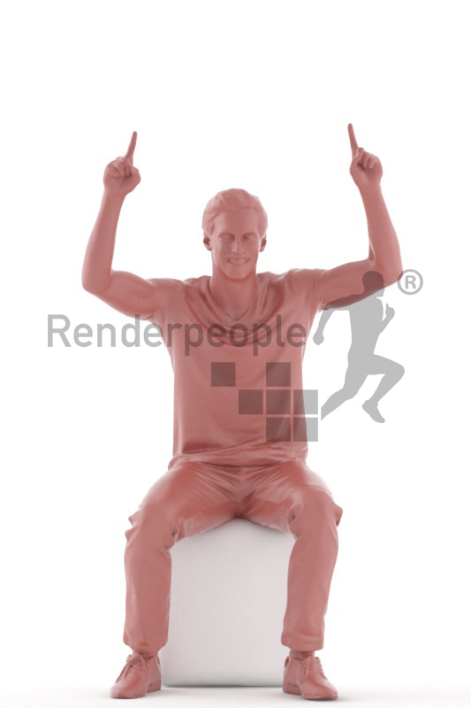 3d people casual, white 3d man sitting and cheering