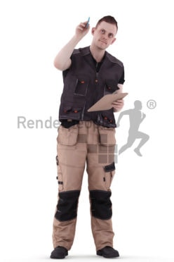 3d people worker, white 3d man standing and pointing with a pen