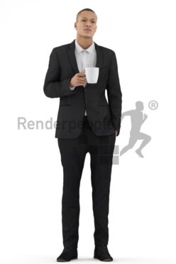 3d people business, black 3d man standing and holding a cup