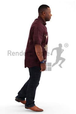 3d people casual, black 3d man with red shirt walking