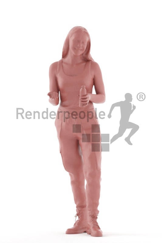 Scanned human 3D model by Renderpeople – white woman, standing and communicating, with bottle