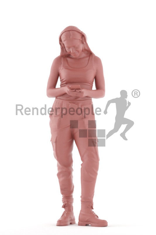 Scanned human 3D model by Renderpeople – european woman, casual, texting and listening music