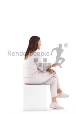 Posed 3D People model for visualization – white woman, sitting and communicating, healthcare