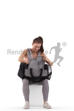 Posed 3D People model for visualization – european woman, searching for something in a sports bag, sports