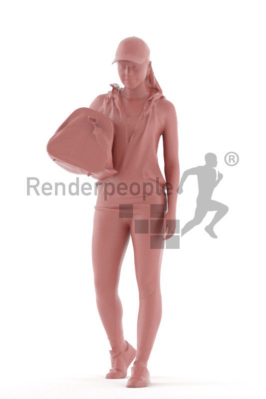 Posed 3D People model for visualization – european woman in sports outfit, with bag and cap, walking