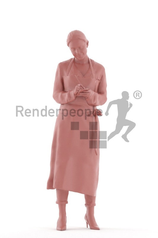 Photorealistic 3D People model by Renderpeople, white woman, taking orders, gastronomy