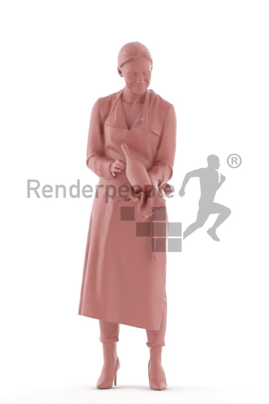 Photorealistic 3D People model by Renderpeople, white woman, serving, gastronomy