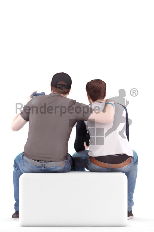 Scanned human 3D model by Renderpeople – two european males, sitting and playing video games