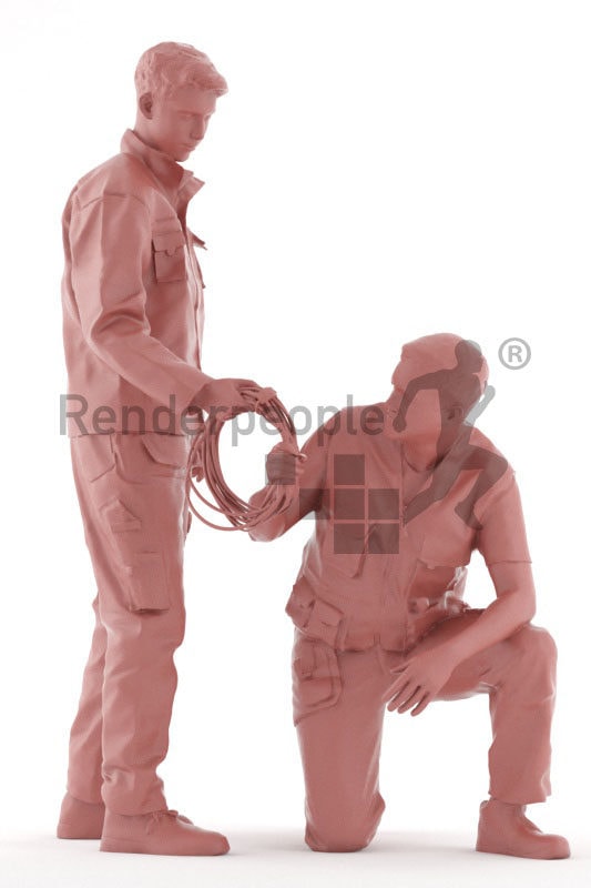 3d people worker, white 3d men group fixing wires