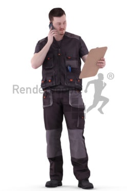 3d people worker, white 3d man standing, looking at his clipboard and calling