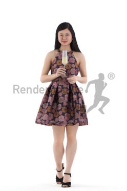 Photorealistic 3D People model by Renderpeople – asian woman in cic dress, walking and holding a champagne glass
