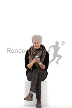 3d people casual, best ager woman sitting and holding her phone
