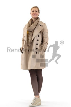 3d people outdoor, white blond 3d woman wearing a jacket