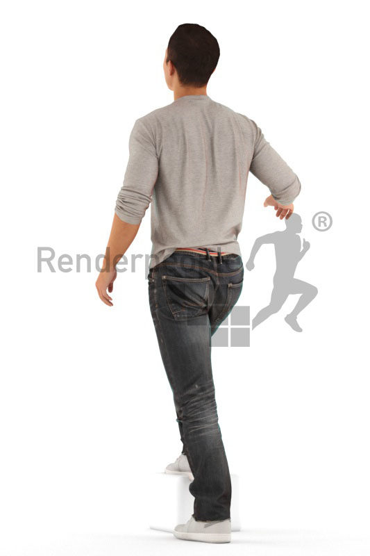 Posed 3D People model for renderings – casual dressed asian, walking upstairs