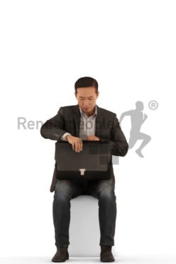 Scanned 3D People model for visualization – asian man in business clothes, sitting and searching for something in his bag