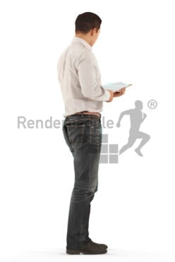 Realistic 3D People model by Renderpeople – asian man in office clothes, standing and reading something on the clipboard