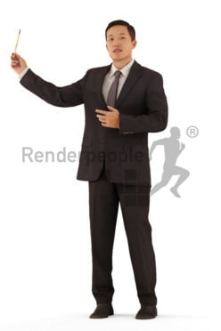 Posed 3D People model for visualization – asian man in office clothing, doing a presentation