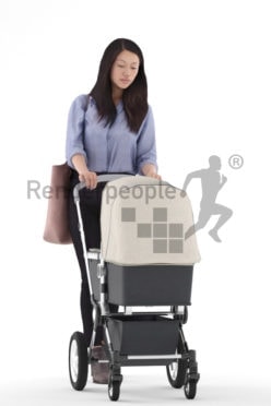3D People model for 3ds Max and Maya – asia woman in daily outfit, carrying a buggy
