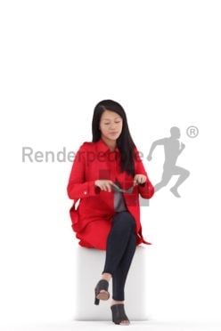Posed 3D People model by Renderpeople – asian woman in red trenchcoat sitting and eating