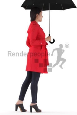 Realistic 3D People model by Renderpeople – asian woman in casual outdoor look, standing and holding an umbrella