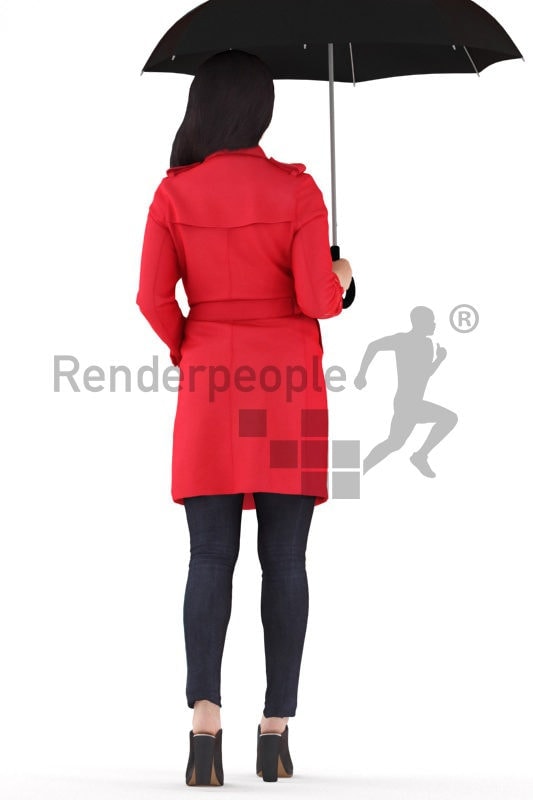 Realistic 3D People model by Renderpeople – asian woman in casual outdoor look, standing and holding an umbrella
