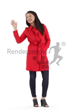 Realistic 3D People model by Renderpeople – asian woman in casual outdoor look, standing ad greeting