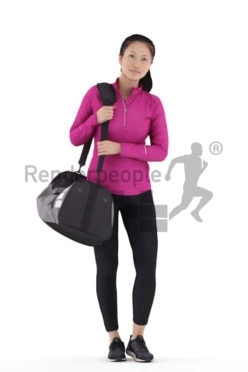 Posed 3D People model for renderings – asian woman in gym outfit, walking and carrying her sports bag