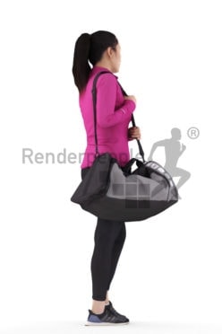 Posed 3D People model for renderings – asian woman in gym outfit, walking and carrying her sports bag