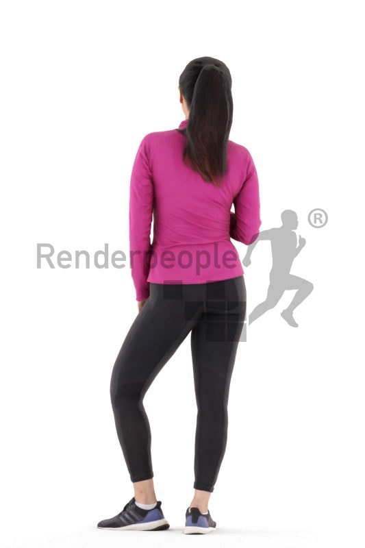 Posed 3D People model for renderings – asian woman in gym outfit, standing and drinking from a bottle